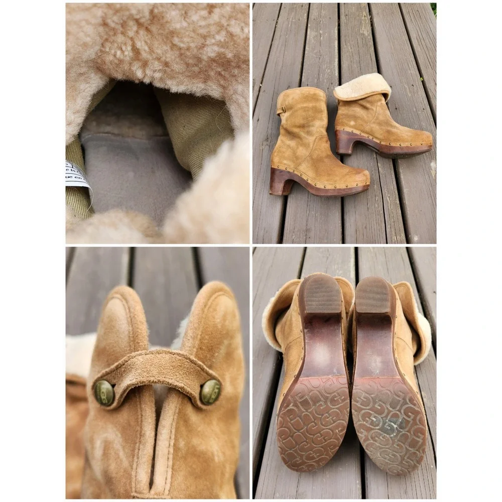 UGG Lynnea Clog Boots Chestnut Suede Shearling Studded Wood Heel Size 9‎